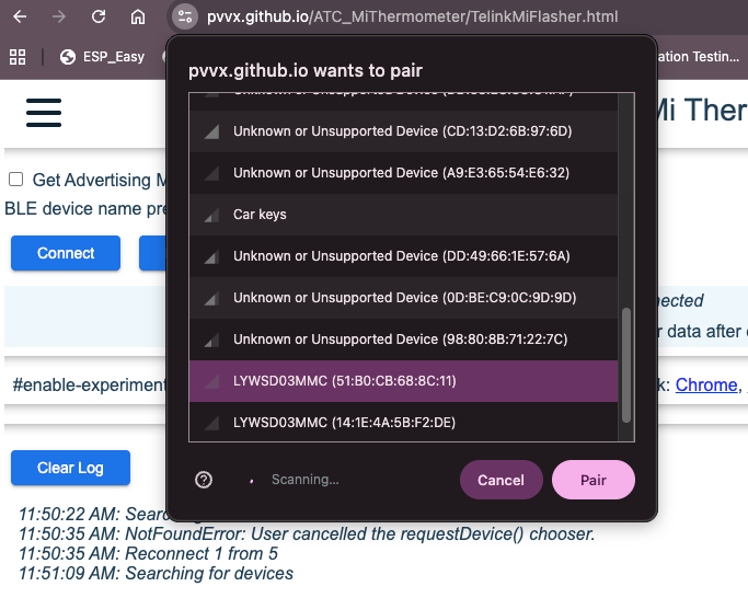 Nettemp config – wybór urządzenia BLE (active)